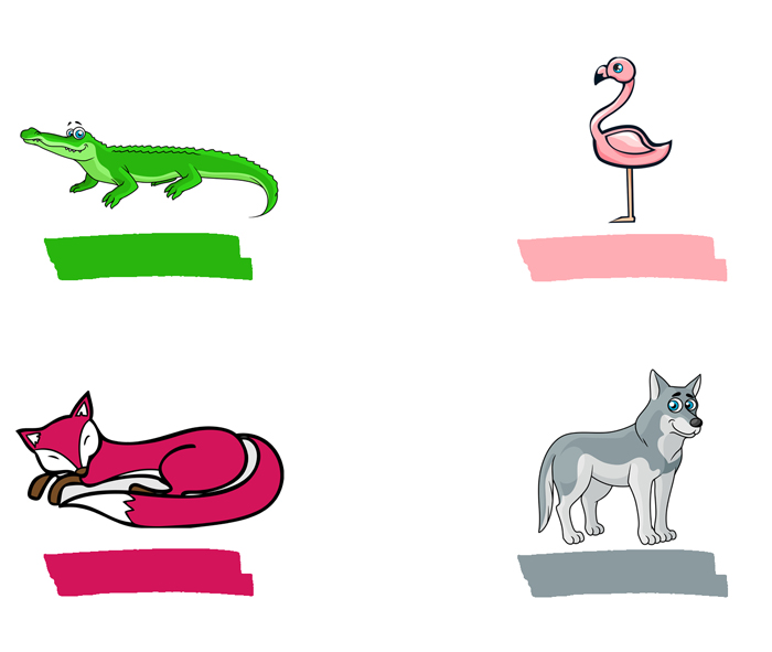 Crocodile, flamingo, fox, wolf