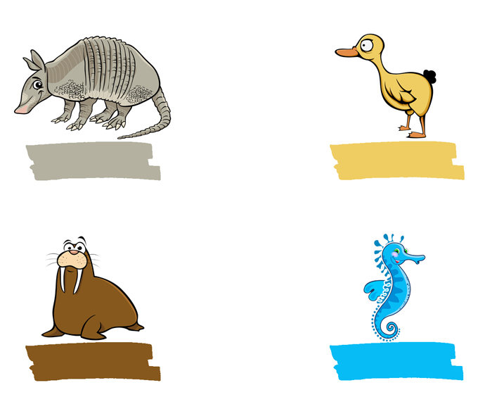 Armadillo, duck, walrus, seahorse
