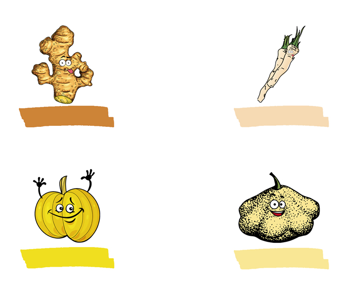 ginger, horseradish, pumpkin, patisson